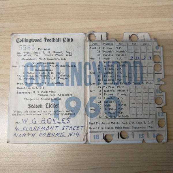 VFL 1960 Collingwood Football Club Members Season Ticket