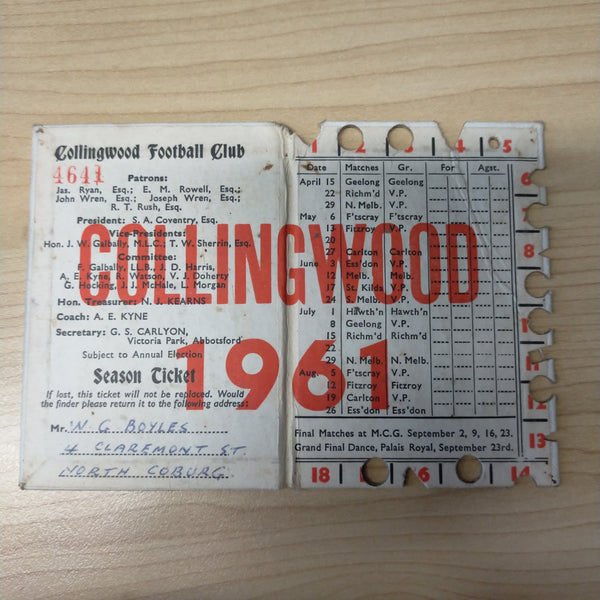 VFL 1961 Collingwood Football Club Members Season Ticket