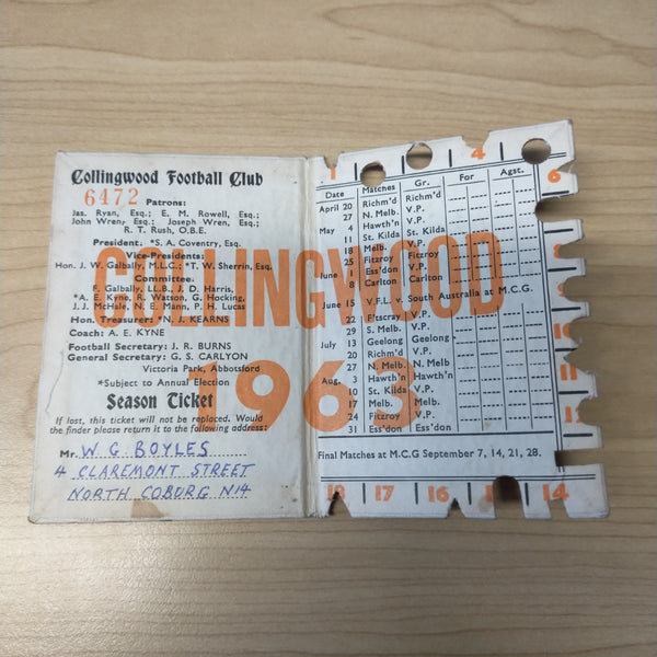 VFL 1963 Collingwood Football Club Members Season Ticket