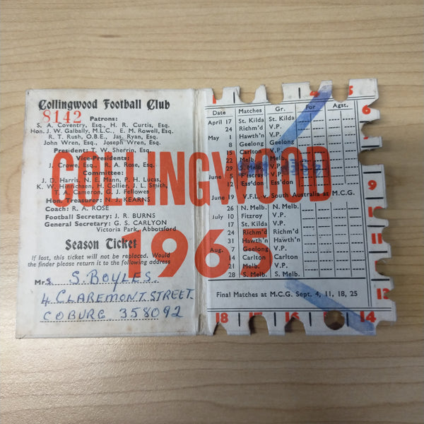 FL 1965 Collingwood Football Club Members Season Ticket