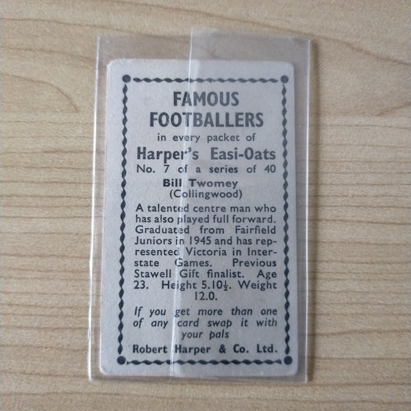 Harper's Easi-Oats Famous Footballers Bill Twomey Collingwood Cigarette Card No.7