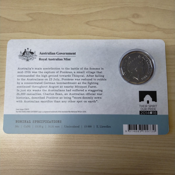 Australia 2016 Royal Australian Mint Fifty Cents 50c Australia The Battle of Pozières 50c Carded Uncirculated Coin