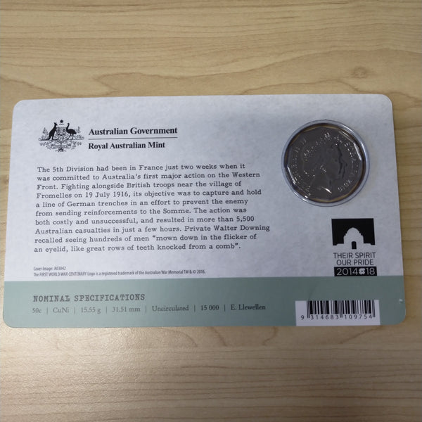 Australia 2016 Royal Australian Mint Fifty Cents 50c Australia The Battle of Fromelles Carded Uncirculated Coin