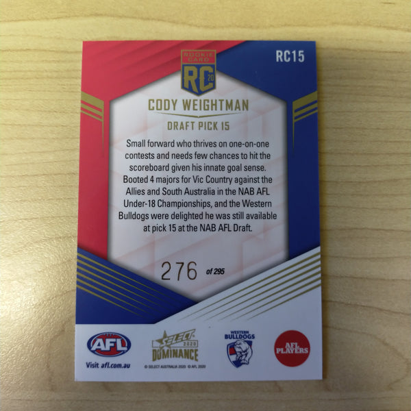 2020 AFL Select Dominance Cody Weightman Western Bulldogs Rookie Card RC15 No. 276/295