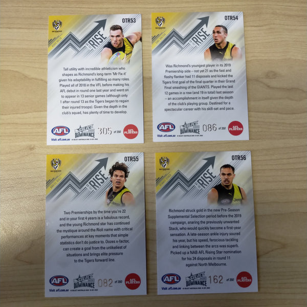 2020 AFL Select Dominance On The Rise Richmond Team Set of 4 Cards