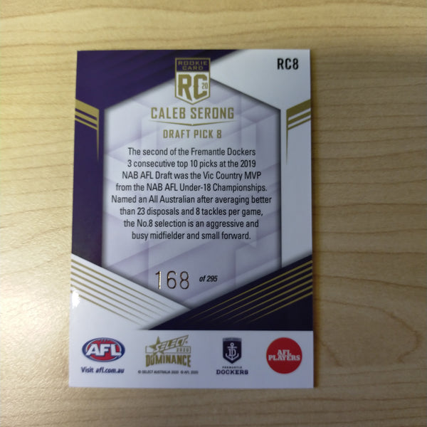 2020 AFL Select Dominance Caleb Serong Fremantle Rookie Card RC8 No. 168/295