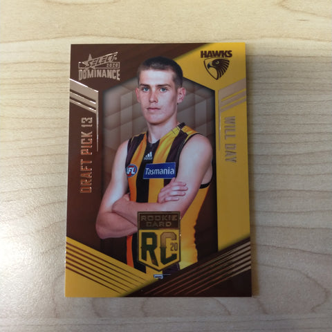 2020 AFL Select Dominance Will Day Hawthorn Rookie Card RC13 No. 084/295