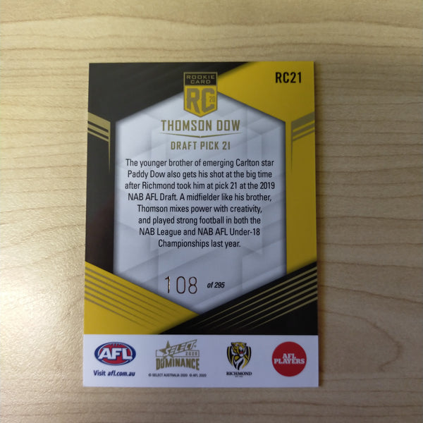 2020 AFL Select Dominance Thomson Dow Richmond Rookie Card RC21 No. 108/295