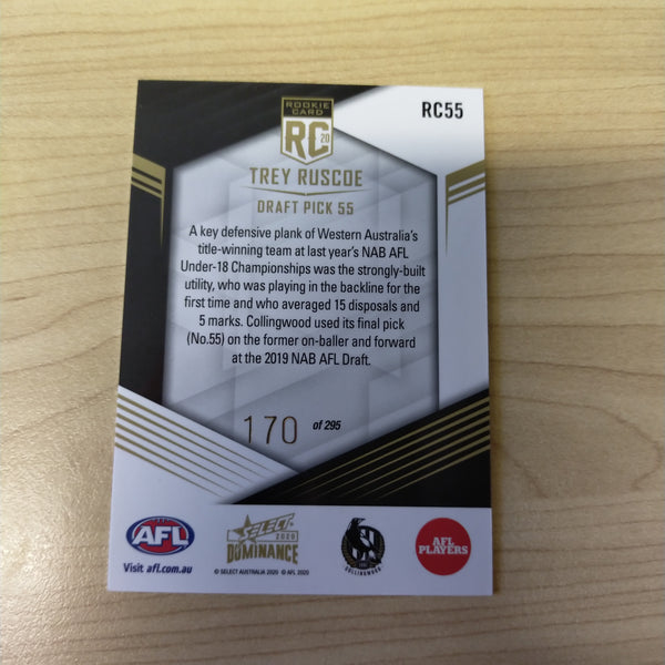 2020 AFL Select Dominance Trey Ruscoe Collingwood Rookie Card RC55 No. 170/295