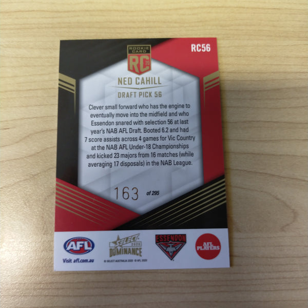 2020 AFL Select Dominance Ned Cahill Essendon Rookie Card RC56 No. 163/295