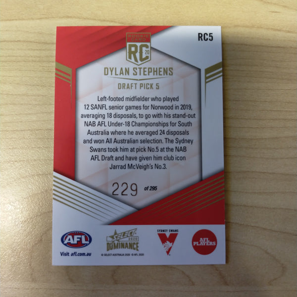 2020 AFL Select Dominance Dylan Stephens Sydney Rookie Card RC5 No. 229/295