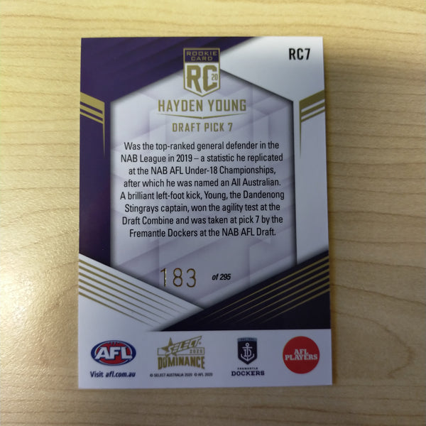 2020 AFL Select Dominance Hayden Young Fremantle Rookie Card RC7 No. 183/295