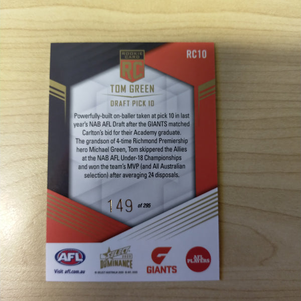 2020 AFL Select Dominance Tom Green GWS Rookie Card RC10 No. 149/295