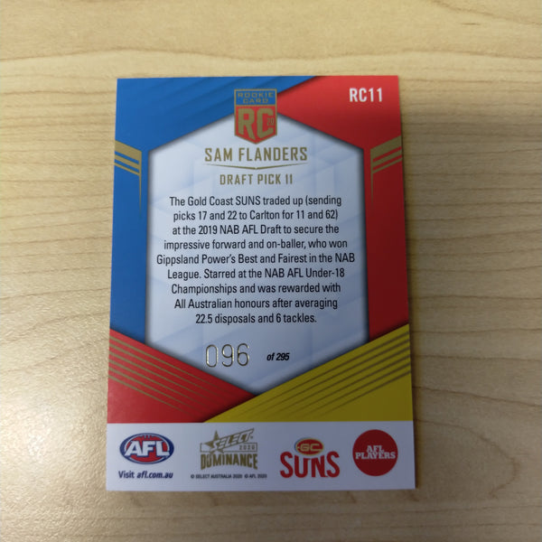 2020 AFL Select Dominance Sam Flanders Gold Coast Rookie Card RC11 No. 096/295