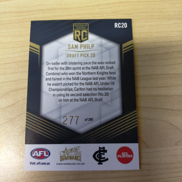 2020 AFL Select Dominance Sam Philp Carlton Rookie Card RC20 No. 277/295