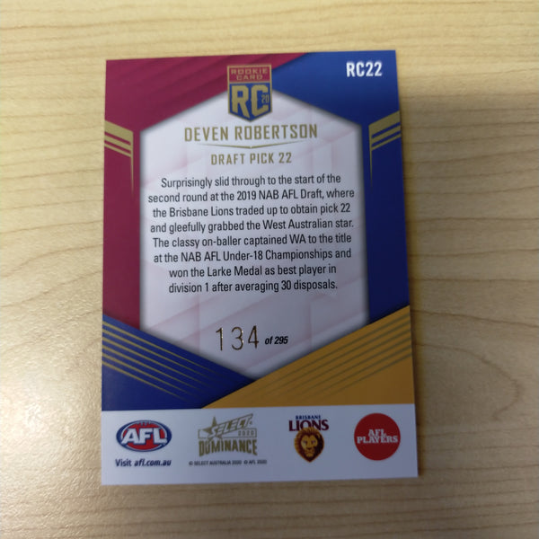 2020 AFL Select Dominance Deven Robertson Brisbane Rookie Card RC22 No. 134/295