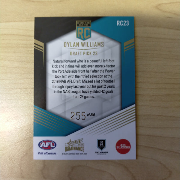 2020 AFL Select Dominance Dylan Williams Port Adelaide Rookie Card RC25 No. 255/295