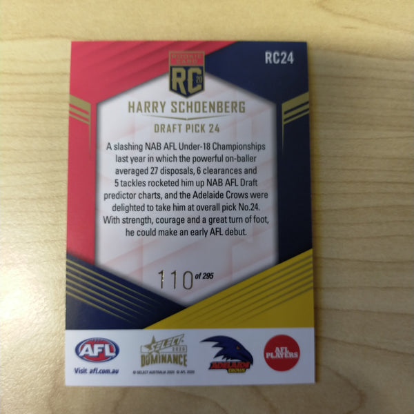 2020 AFL Select Dominance Harry Schoenberg Adelaide Rookie Card RC24 No. 110/295