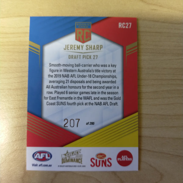 2020 AFL Select Dominance Jeremy Sharp Gold Coast Rookie Card RC27 No. 207/295