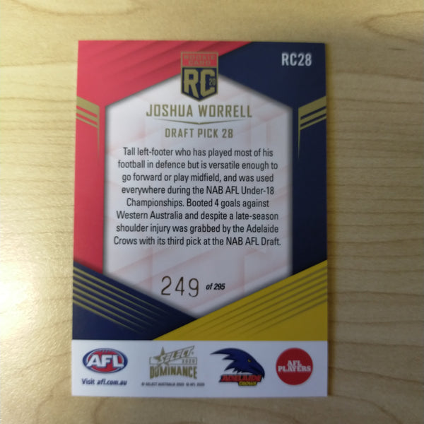 2020 AFL Select Dominance Joshua Worrell Adelaide Rookie Card RC28 No. 249/295
