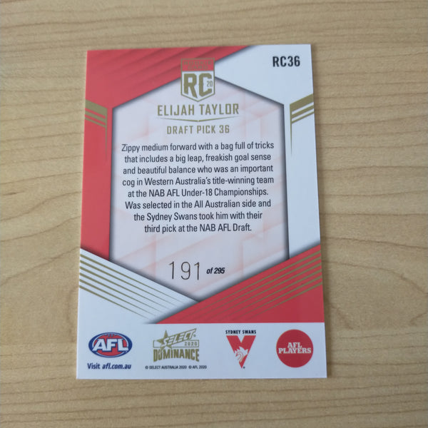 2020 AFL Select Dominance Elijah Taylor Sydney Rookie Card RC36 No. 191/295