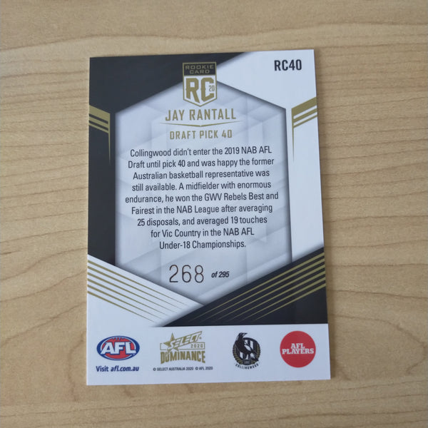 2020 AFL Select Dominance Jay Rantall Collingwood Rookie Card RC40 No. 268/295