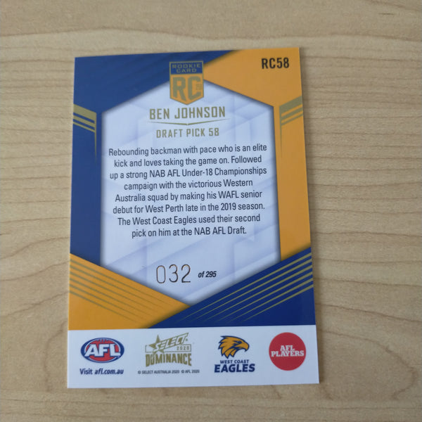 2020 AFL Select Dominance Ben Johnson West Coast Rookie Card RC58 No. 032/295