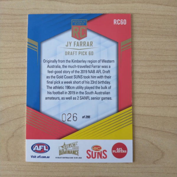 2020 AFL Select Dominance Jy Farrar Gold Coast Rookie Card RC60 No. 026/295