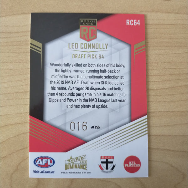 2020 AFL Select Dominance Leo Connolly St Kilda Rookie Card RC64 No. 016/295