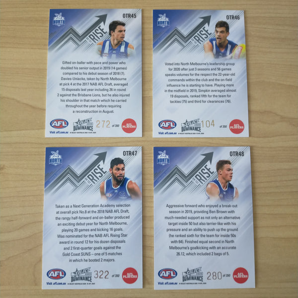 2020 AFL Select Dominance On The Rise North Melbourne Team Set of 4 Cards