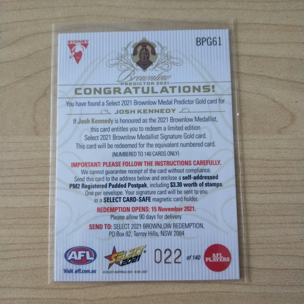 2021 AFL Select Footy Stars Gold Brownlow Predictor Josh Kennedy Sydney 022/140