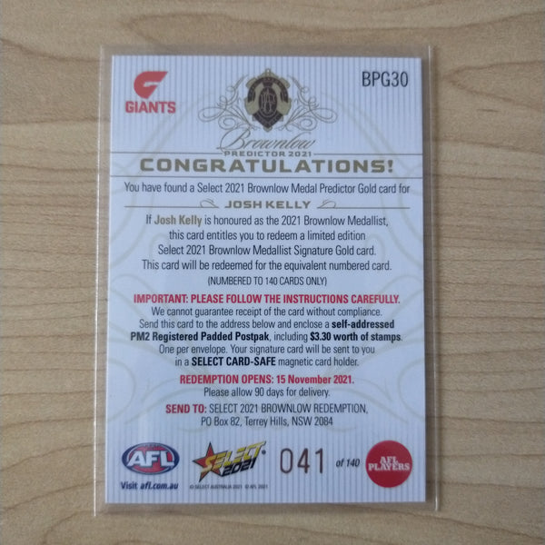 2021 AFL Select Footy Stars Gold Brownlow Predictor Josh Kelly GWS 041/140