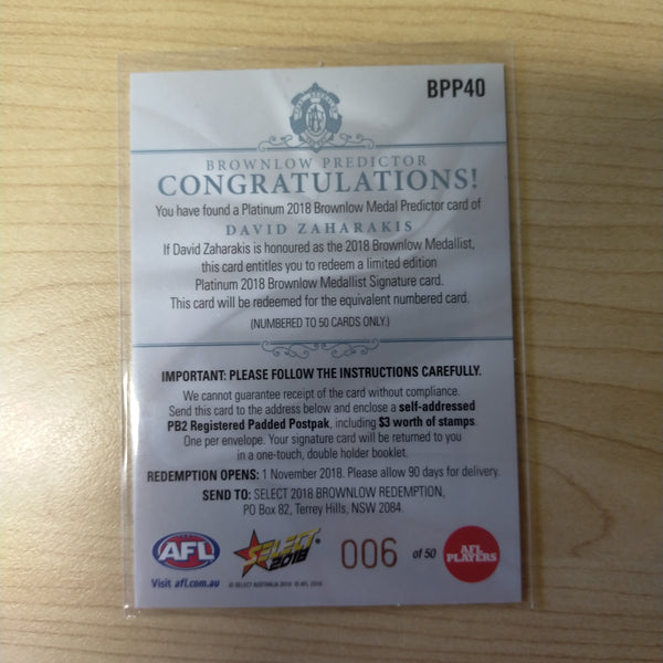 2018 Select Platinum Brownlow Predictor David Zaharakis Essendon LOW NUMBER No.006/50