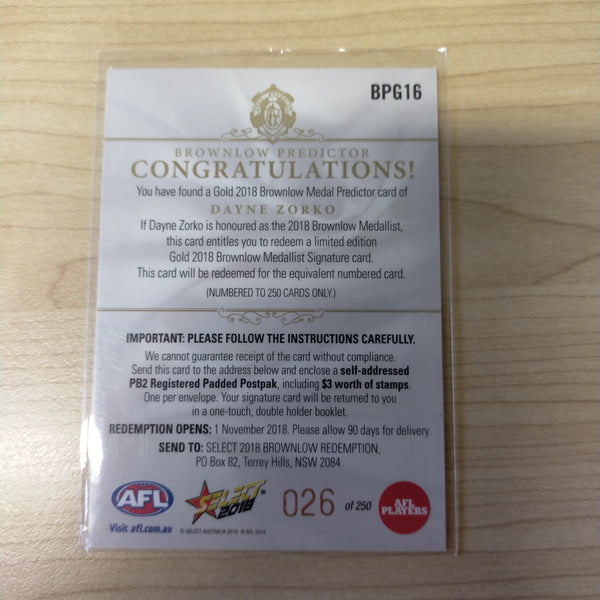 2018 Select Gold Brownlow Predictor Dayne Zorko Brisbane No.026/250