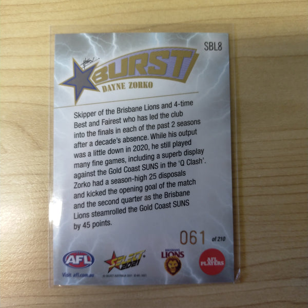 2021 AFL Select Footy Stars Lightning Star Burst Dayne Zorko Brisbane No.061/210