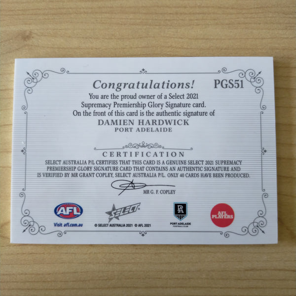 2021 Select Supremacy Premiership Glory Signature Damien Hardwick Port Adelaide 30/40