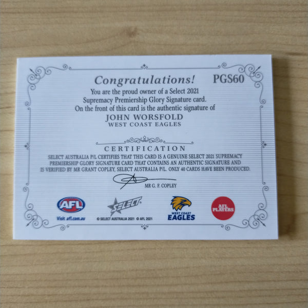 2021 Select Supremacy Premiership Glory Signature John Worsfold West Coast 34/40
