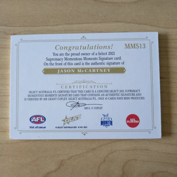 2021 Select Supremacy Momentous Moments Signature Jason McCartney North Melbourne 27/45