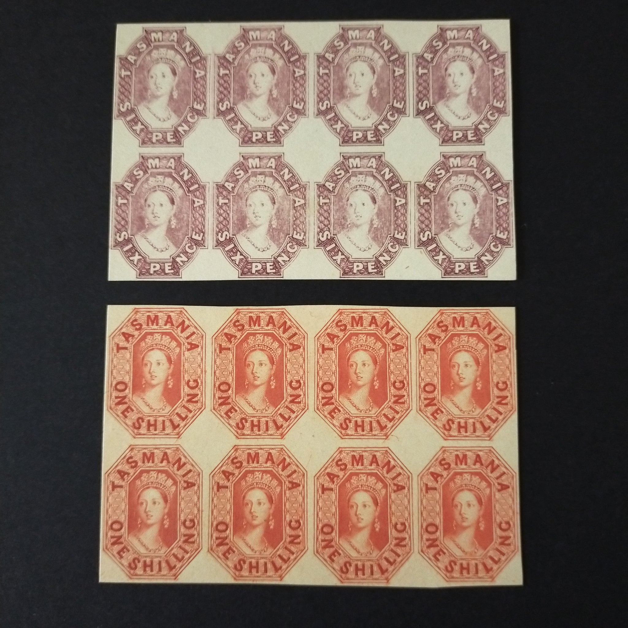 Tasmania Chalons, imperf reprints on thin card 1858 6d dull lilac & 1/- vermilion horiz block of 8
