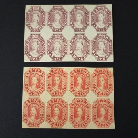 Tasmania Chalons, imperf reprints on thin card 1858 6d dull lilac & 1/- vermilion horiz block of 8