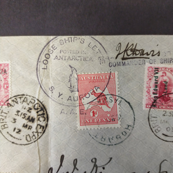 British Antarctic Expedition stationary adressed to expedition agent J. Kinsey King Edward VII Land cancelled Mar 4 1909, Victoria Land 1d cancelled Mar 3 1912