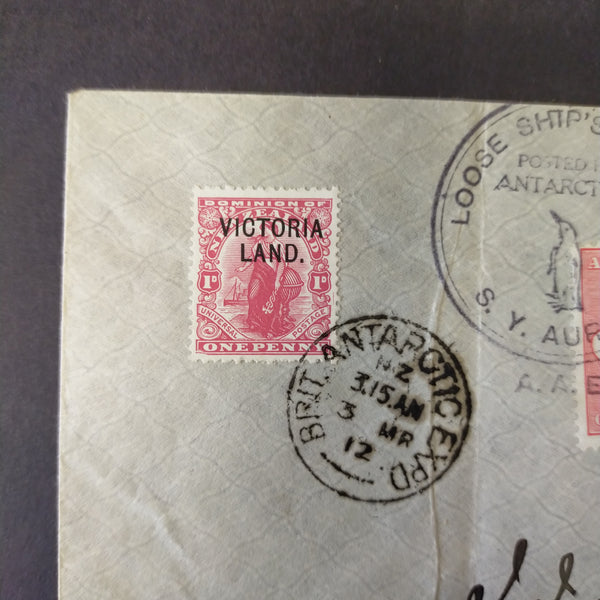 British Antarctic Expedition stationary adressed to expedition agent J. Kinsey King Edward VII Land cancelled Mar 4 1909, Victoria Land 1d cancelled Mar 3 1912