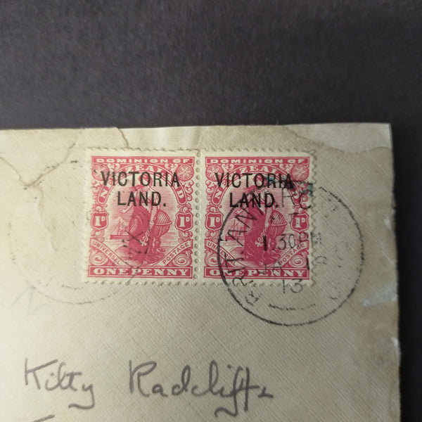 British Antarctic Expedition envelope addressed by Lieutenant Teddy Evans to members of the Radcliffe family Victoria Land 1d pair tied vy Expedition "JA 18/13" cds Cape Evans