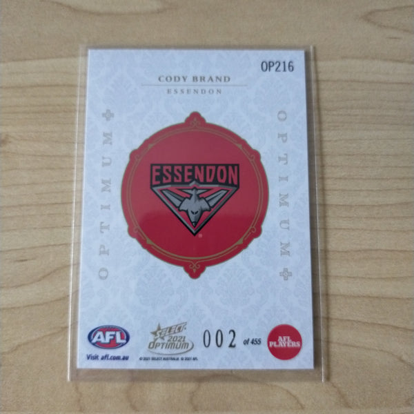2021 AFL Optimum Plus Rookie Card Cody Brand Essendon LOW NUMBER No.002/455