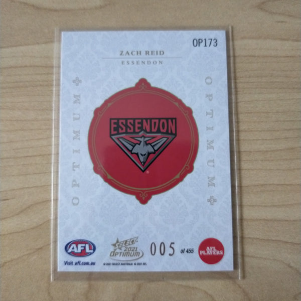 2021 AFL Optimum Plus Rookie Card Zach Reid Essendon LOW NUMBER No.005/455