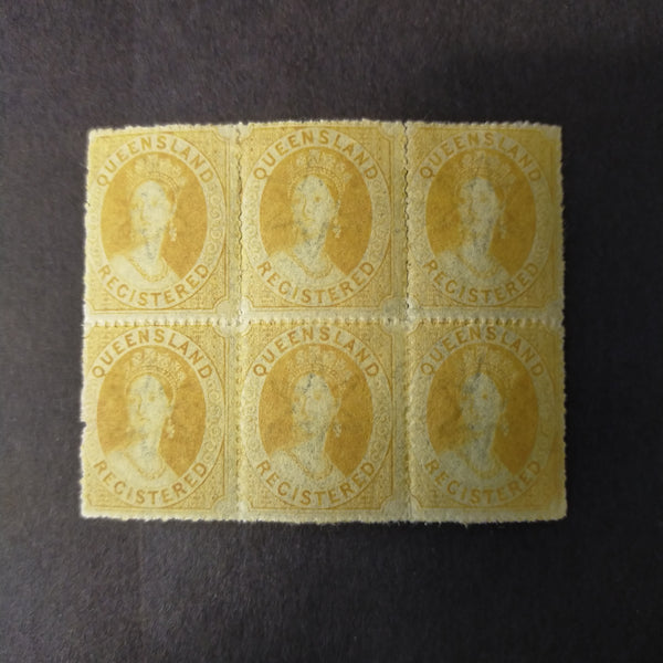 Queensland Registered 6d Orange-Yellow, mint block of 6, some perf separation, light diagonal bend but unmounted SG20