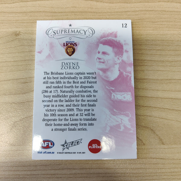 2021 Select Supremacy Silver Base Card Dayne Zorko Brisbane LOW NUMBER 008/135