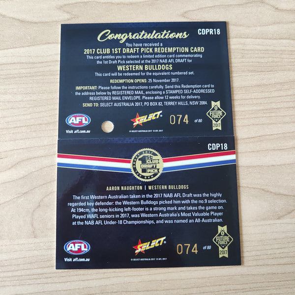 2017 Select Future Force 1st Club Draft Pick Aaron Naughton Western Bulldogs Redemption Card