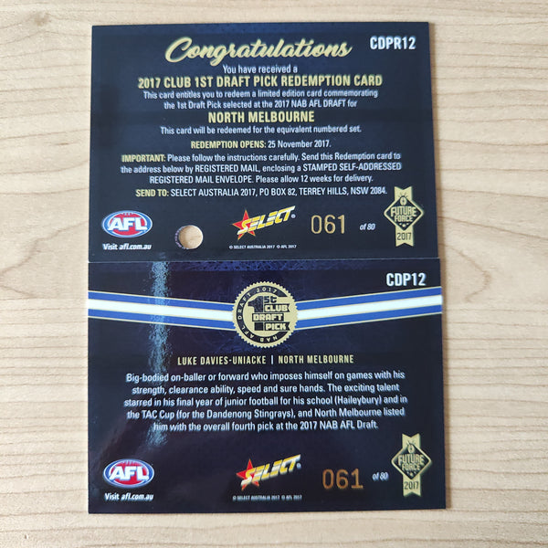 2017 Select Future Force 1st Club Draft Pick Redemption Luke Davies-Uniacke North Melbourne Card No.61/80