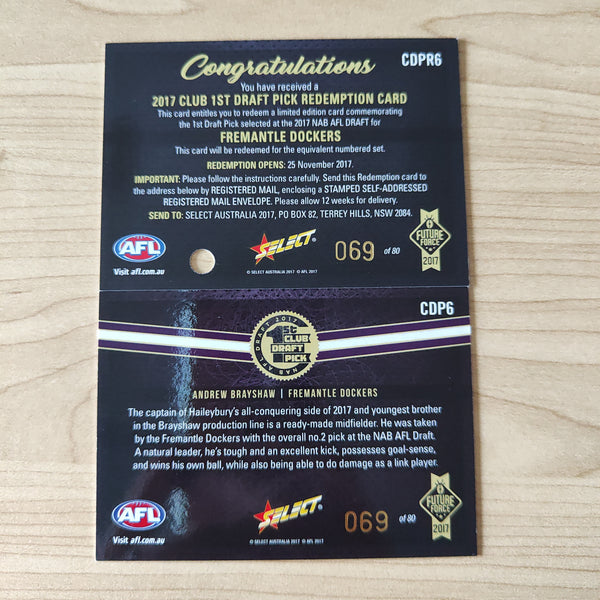 2017 Select Future Force 1st Club Draft Pick Redemption Andrew Brayshaw Fremantle Card No.69/80